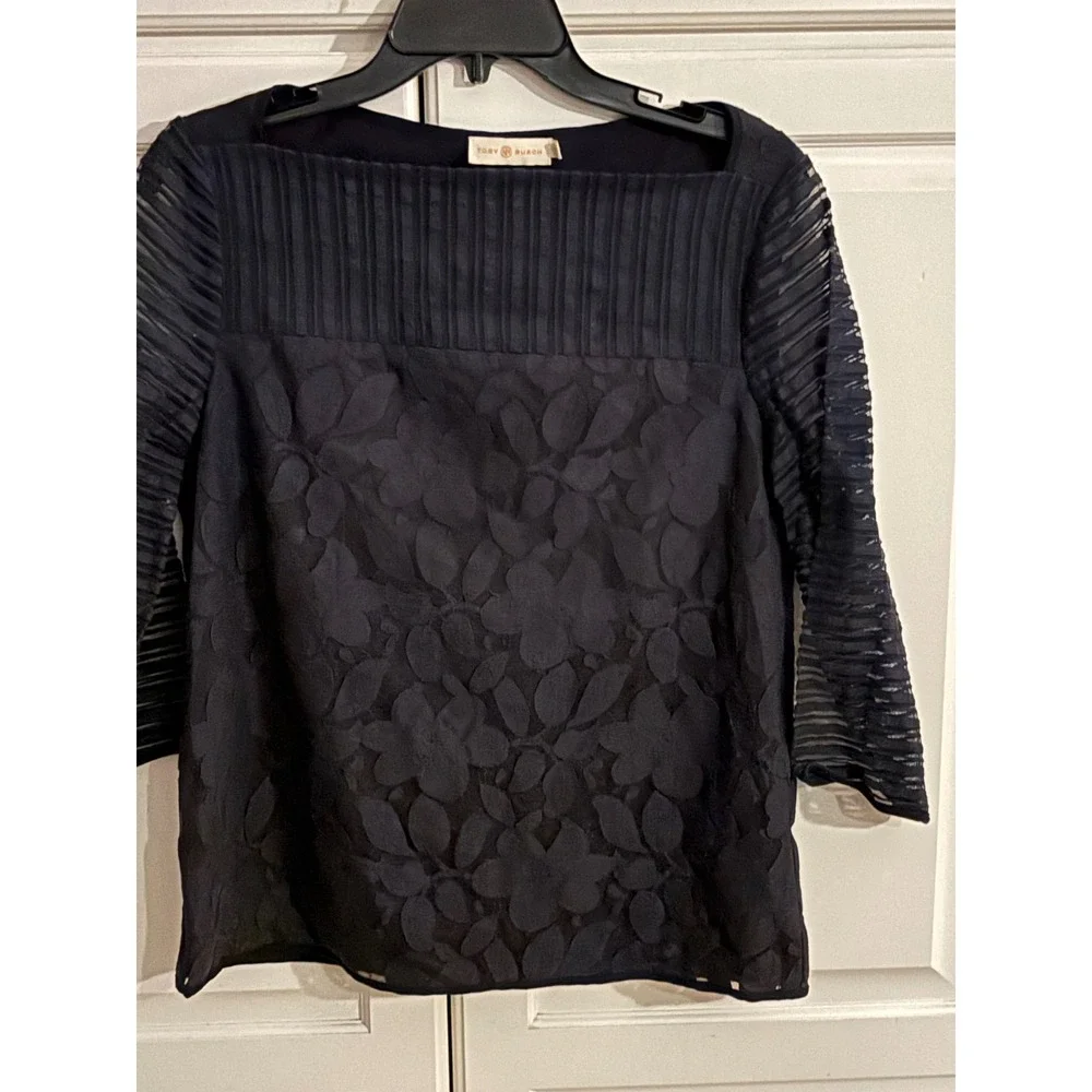 Tory Burch Navy Blue Sheer Leaf Pattern Pleated‎ Yoke 3/4 Sleeve Top Size S